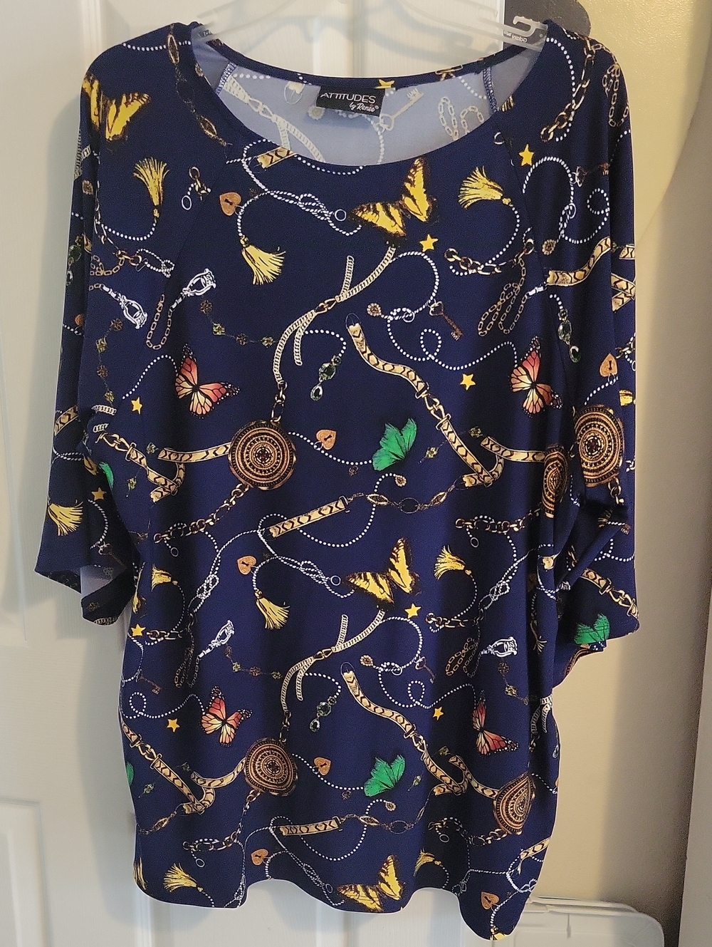 Attitudes by Renee Navy Butterfly, Chain Print Tunic side pockets Scoop Neck